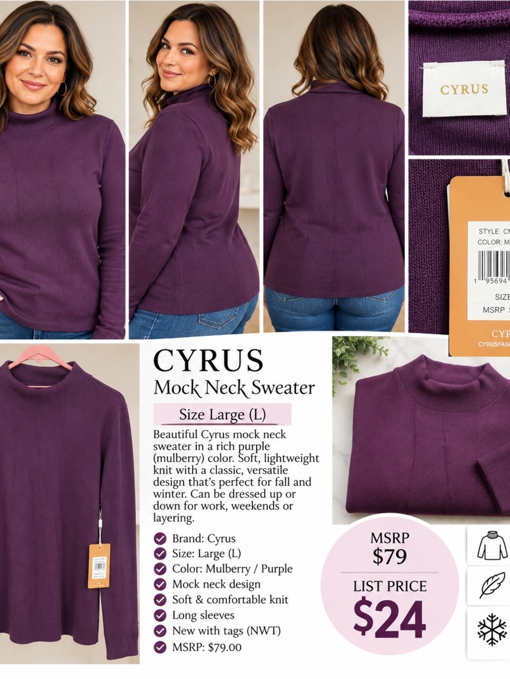 Cyrus Deep Purple Mock Neck Sweater NWT
